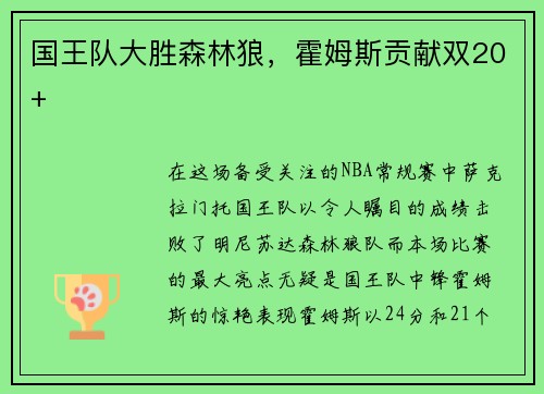 国王队大胜森林狼，霍姆斯贡献双20+
